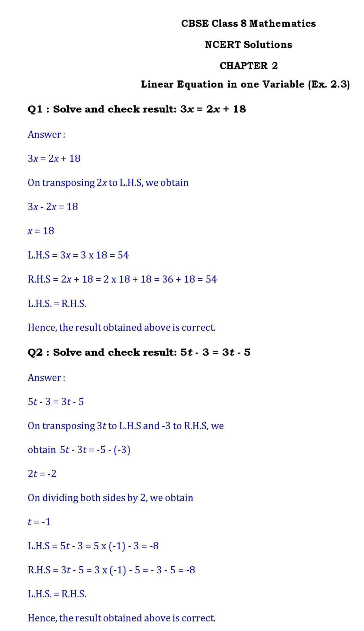 Ch -2 Linear Equation in one Variable - Page wise NCERT Solution (2.3) 1 8th maths chapter 2 Complete page 016 1
