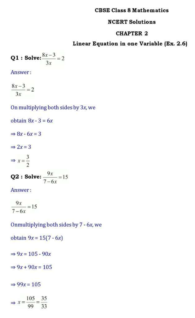 Ch -2 Linear Equation in one Variable - Page wise NCERT Solution (2.6)