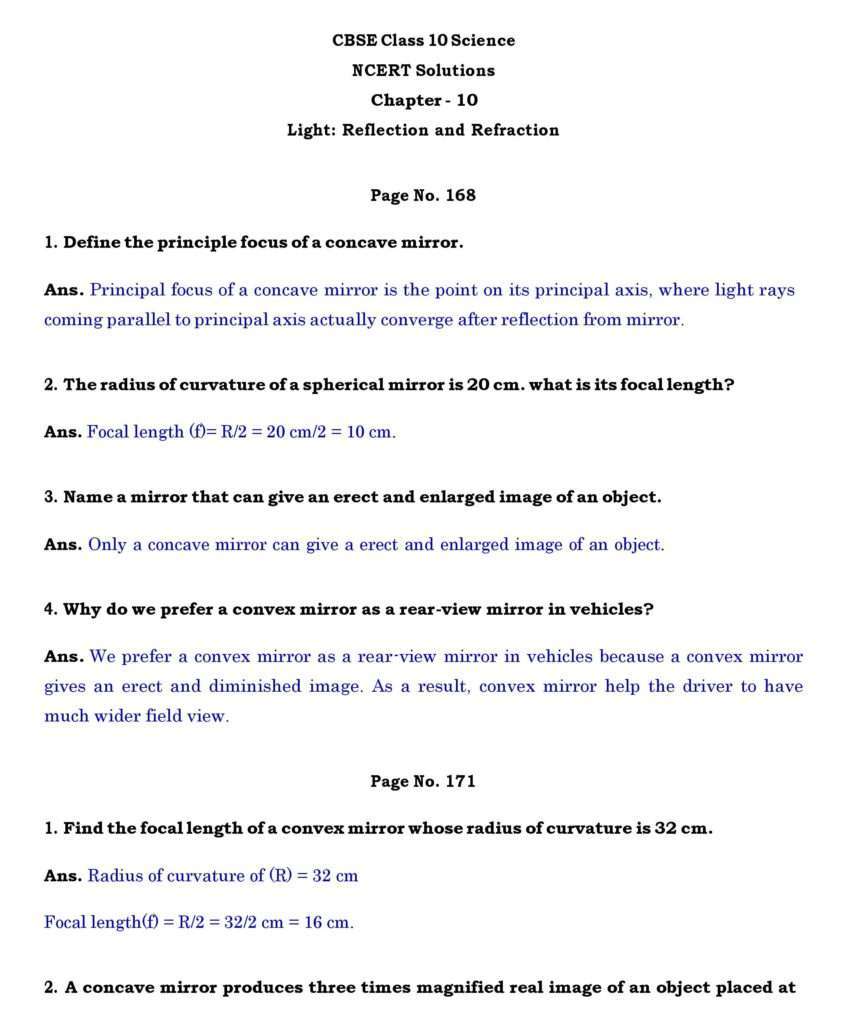 Class-10 Ch -10-Light: Reflection and Refraction - Page wise NCERT Solution