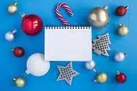 christmas composition with open notepad colorful balls blue surface copy space top view 271740 210