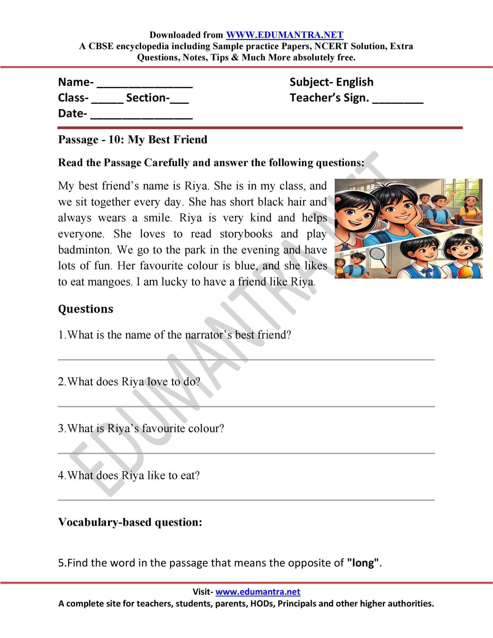"50 + Unseen Passage Worksheets for Class 2 | Printable PDF for ...