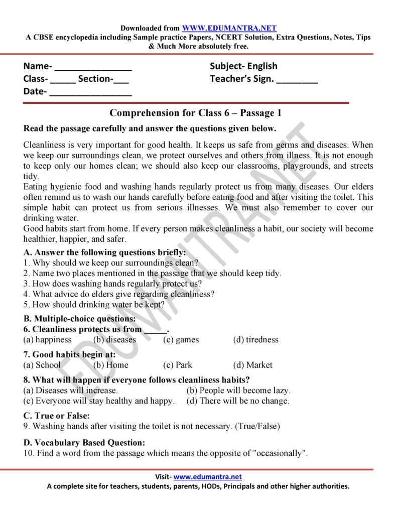 Comprehension for Class 6 Passages