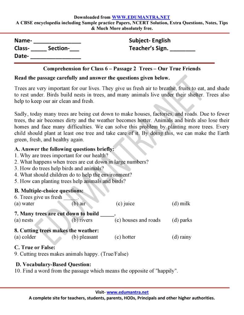 Comprehension Passages for Class 6 