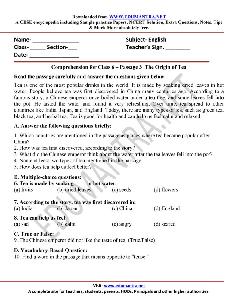 Comprehension for Class 6