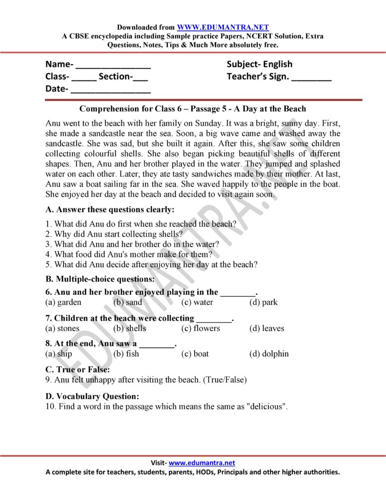 Comprehension for Class 6