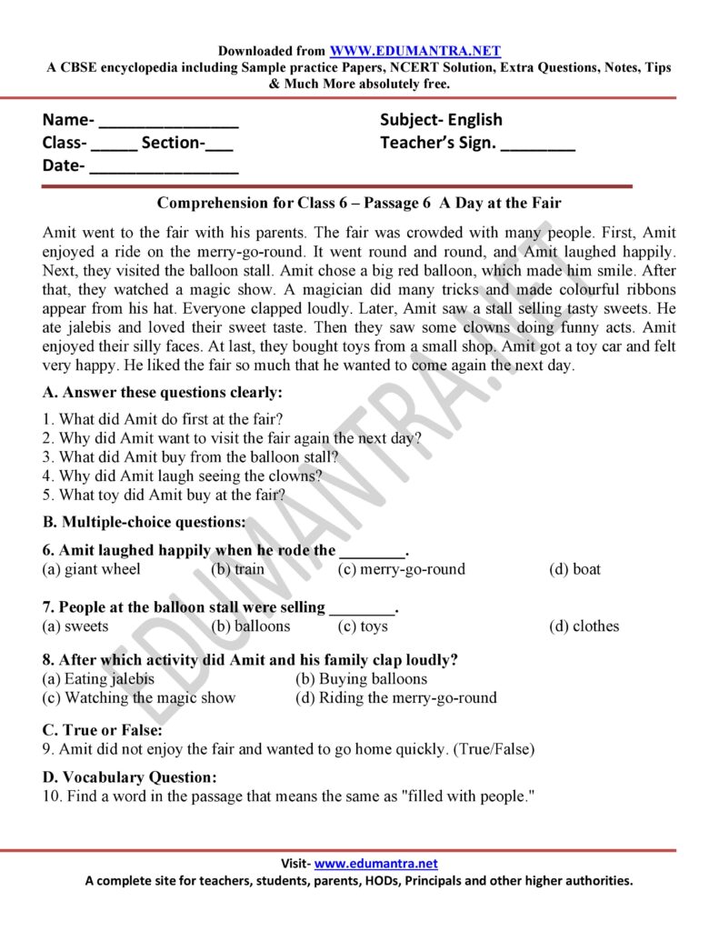 Comprehension for Class 6 