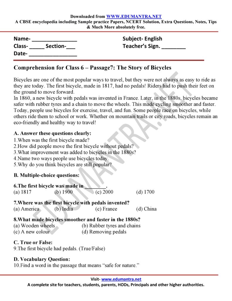 Comprehension for Class 6