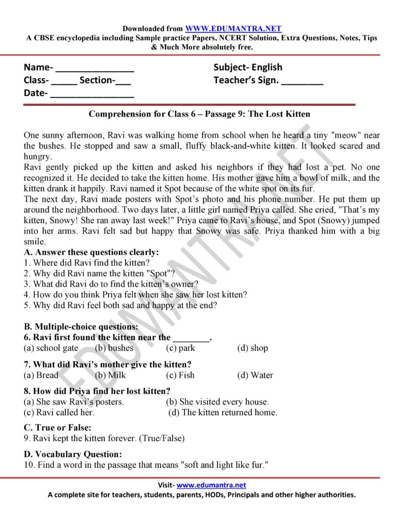 Comprehension for Class 6