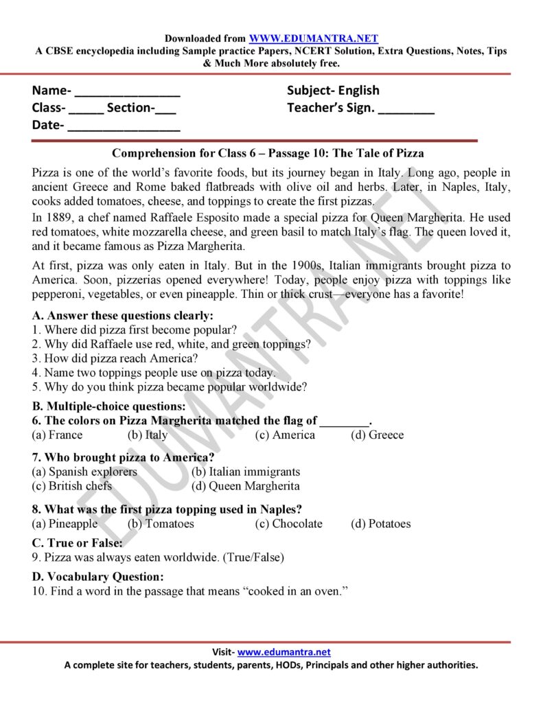 Unseen PAssage for Class 6 English 1 19